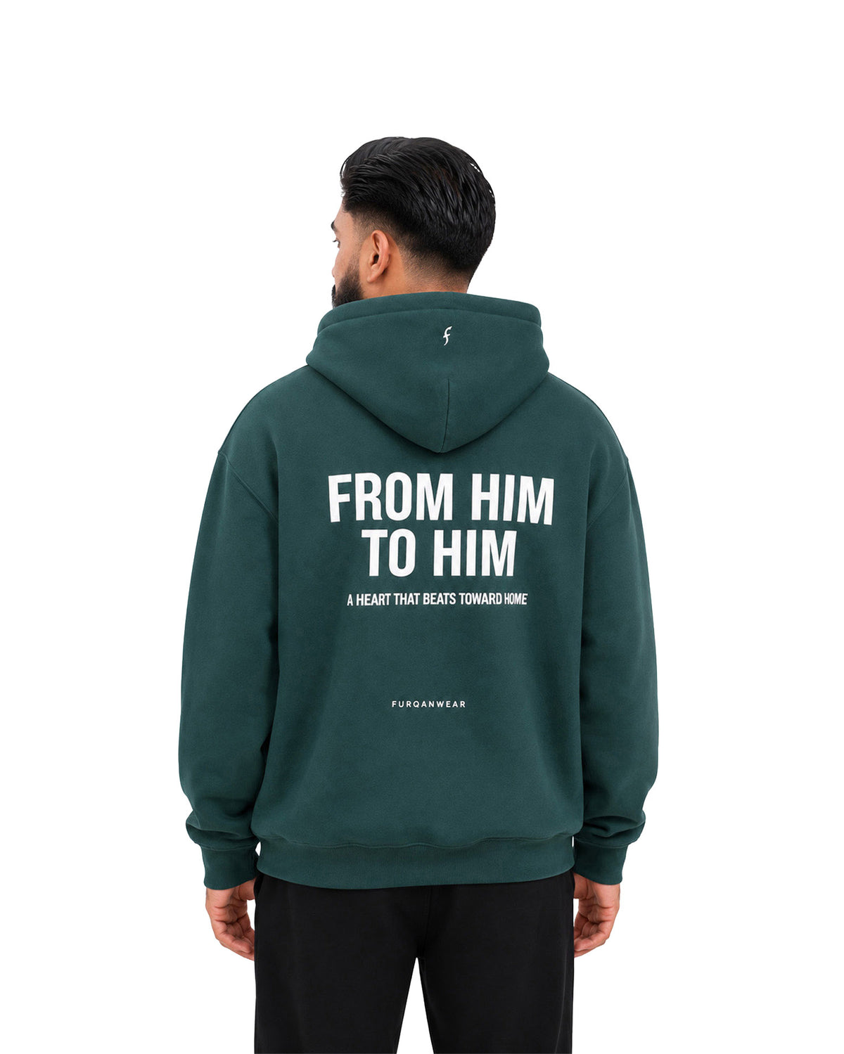 Sleeve of green Furqanwear Islamic hoodie printed with He hears your silent whisper