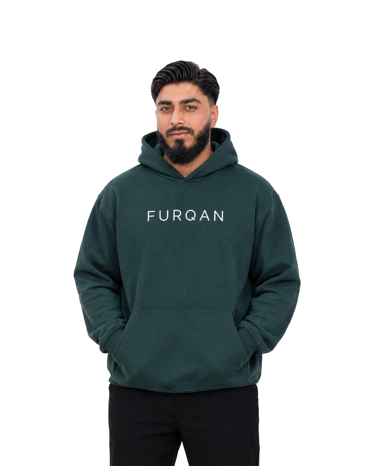 Back of forest green Furqanwear Islamic hoodie with the From Him To Him print, worn by a man