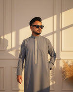 Silver Thobe with Golden Embroidery worn by Muslim man – Furqanwear Canada