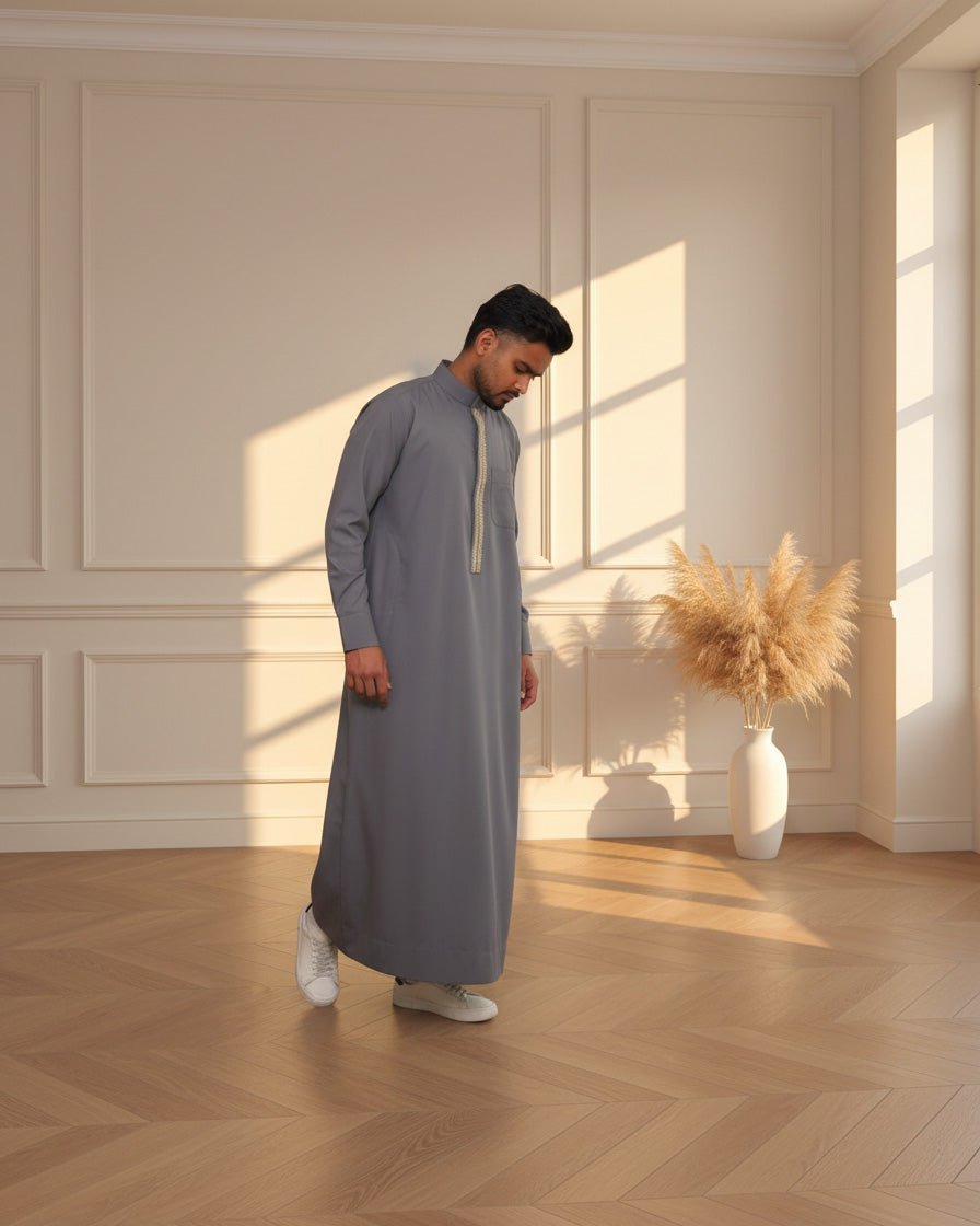 Silver Thobe with Golden Embroidery full-length front view – Furqanwear USA