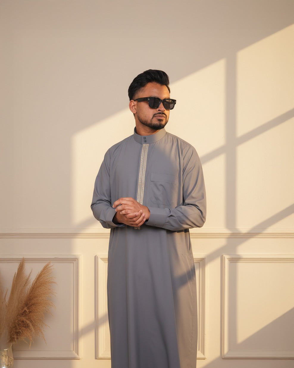 Muslim man in Silver Thobe with Golden Embroidery at Eid – Furqanwear Canada