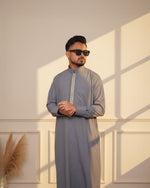 Muslim man in Silver Thobe with Golden Embroidery at Eid – Furqanwear Canada