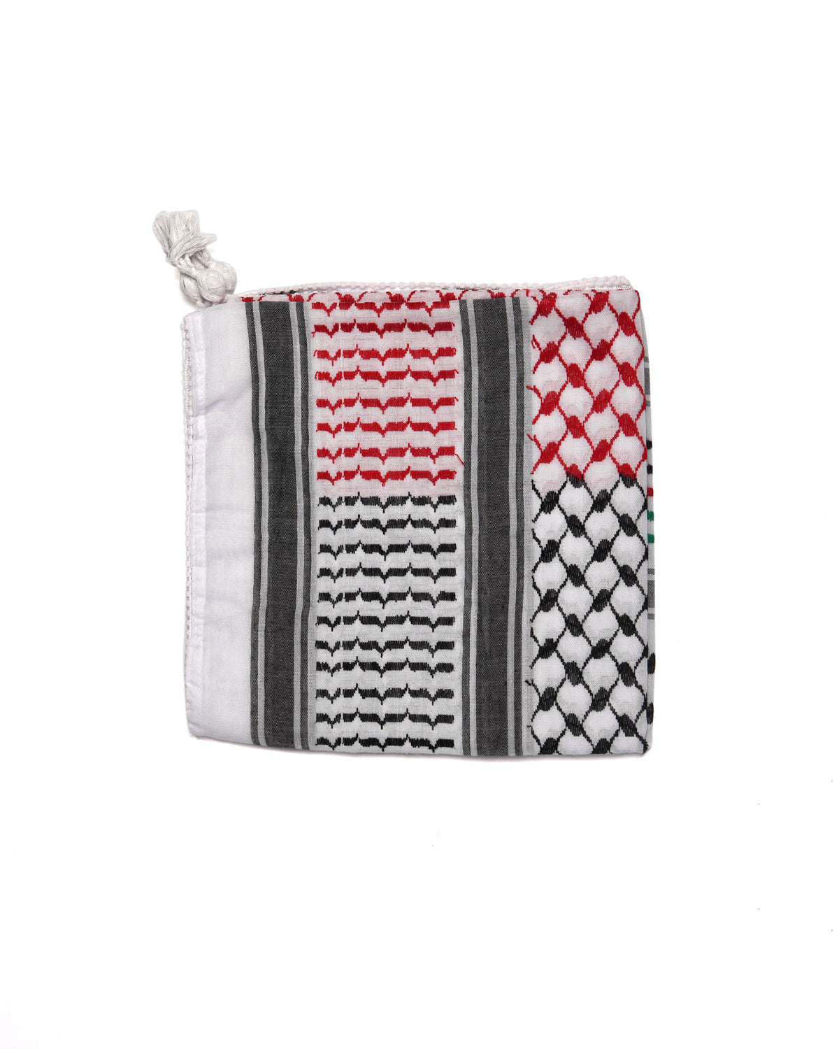 White Black Red and Green, Authentic keffiyeh (shemagh) available online, Toronto, near Toronto, Ontario. Traditional kaffiyeh (kufiya) design. Versatile keffiyeh scarf and arab head scarf. Also a stylish shemagh scarf. Learn how to wear a keffiyeh and about keffiyeh and shemagh