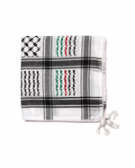 White Black Red and Green, Authentic keffiyeh (shemagh) available online, Toronto, near Toronto, Ontario. Traditional kaffiyeh (kufiya) design. Versatile keffiyeh scarf and arab head scarf. Also a stylish shemagh scarf. Learn how to wear a keffiyeh and about keffiyeh and shemagh
