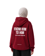 Woman in hijab showing the From Him To Him back print on a maroon Furqanwear Islamic hoodie
