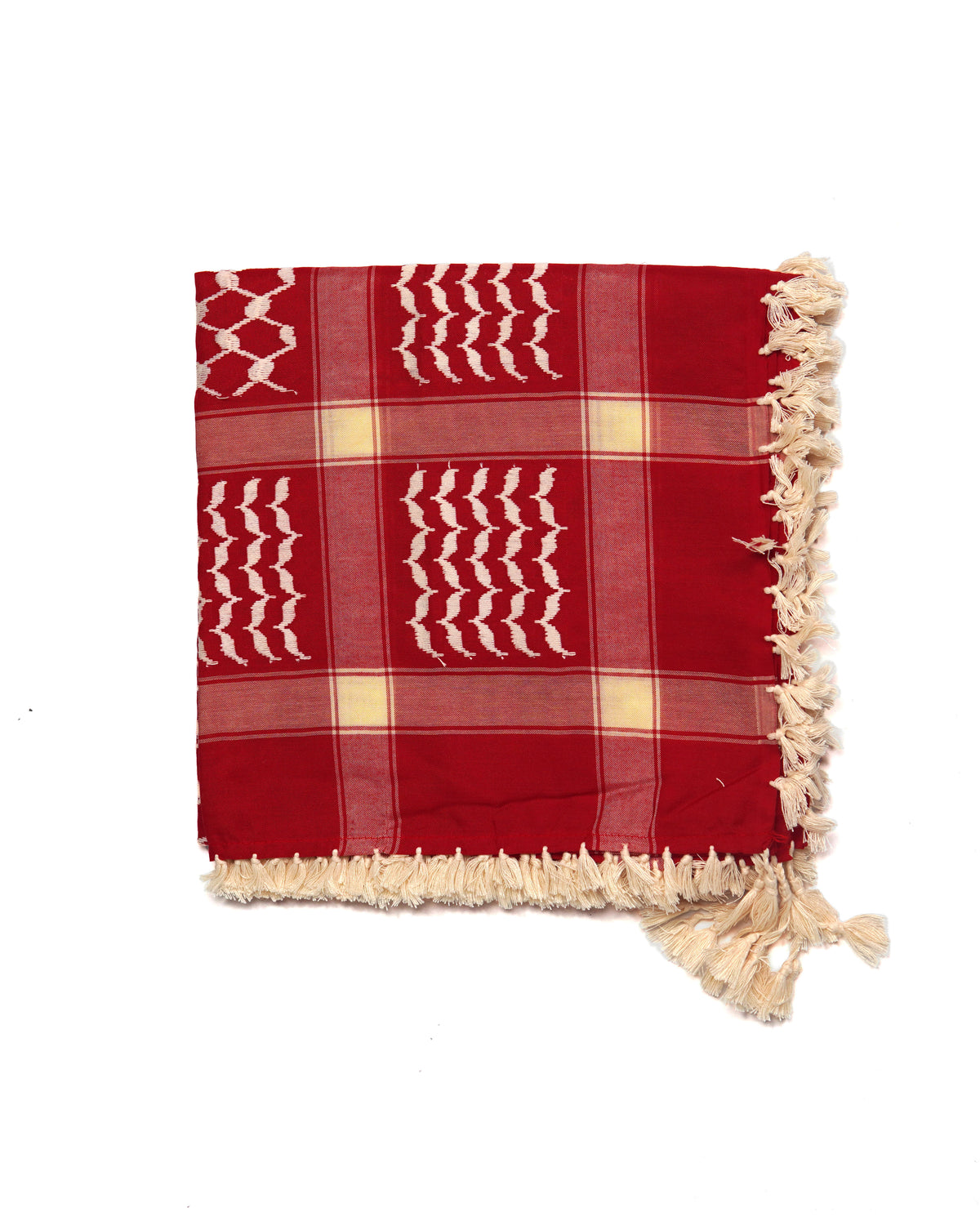 Red and Beige Authentic keffiyeh (shemagh) available online, Toronto, near Toronto, Ontario. Traditional kaffiyeh (kufiya) design. Versatile keffiyeh scarf and arab head scarf. Also a stylish shemagh scarf. Learn how to wear a keffiyeh and about keffiyeh and shemagh