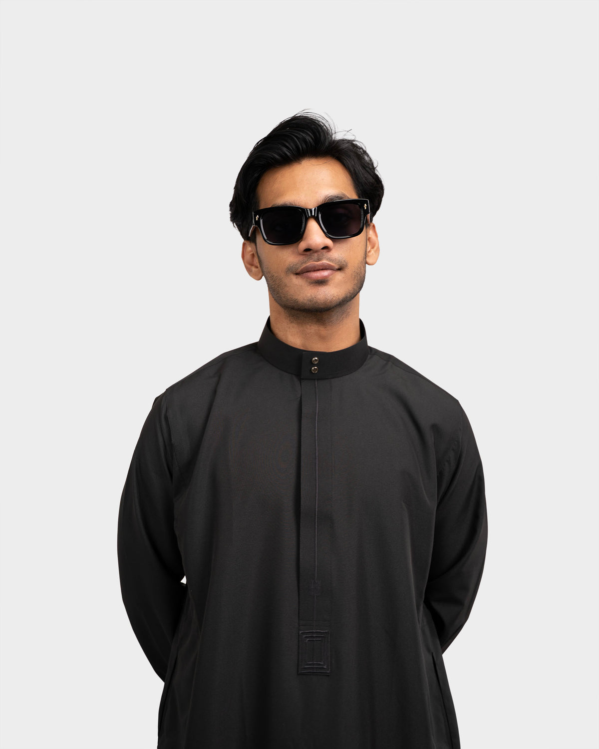 Close-up of the two-button stand collar and hidden placket on the Artisan Black Saudi thobe