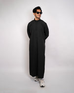Saudi Thobe Designer Black for Men – Embroidery Detail Close-Up | Furqanwear