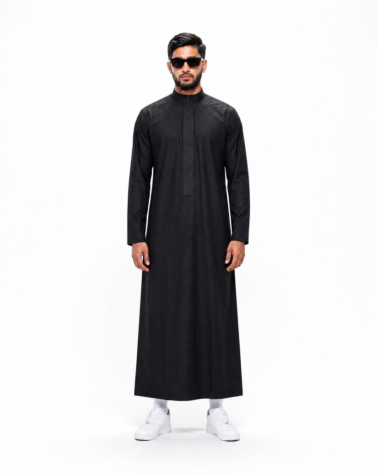 Black Saudi thobe for men with bronze geometric embroidery and structured collar — Furqanwear