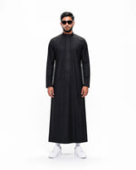 Black Saudi thobe for men with bronze geometric embroidery and structured collar — Furqanwear