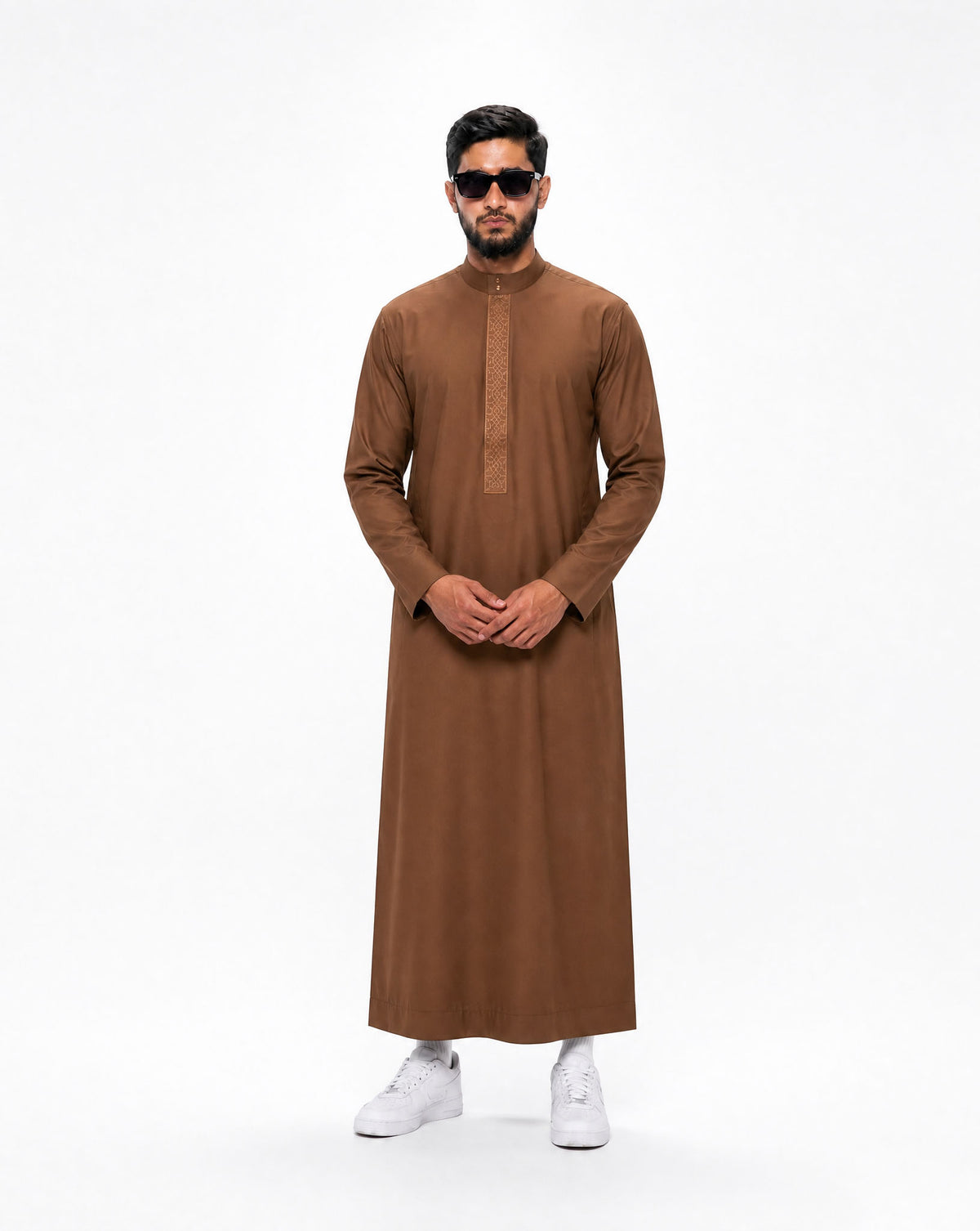 Copper brown Saudi thobe for men with structured collar and tonal chest embroidery — Furqanwear