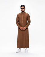 Copper brown Saudi thobe for men with structured collar and tonal chest embroidery — Furqanwear