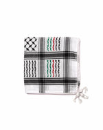 White Black Red and Green, Authentic keffiyeh (shemagh) available online, Toronto, near Toronto, Ontario. Traditional kaffiyeh (kufiya) design. Versatile keffiyeh scarf and arab head scarf. Also a stylish shemagh scarf. Learn how to wear a keffiyeh and about keffiyeh and shemagh