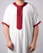 Close-up showing the maroon embroidered neckline and placket detail on the white short-sleeve thobe.