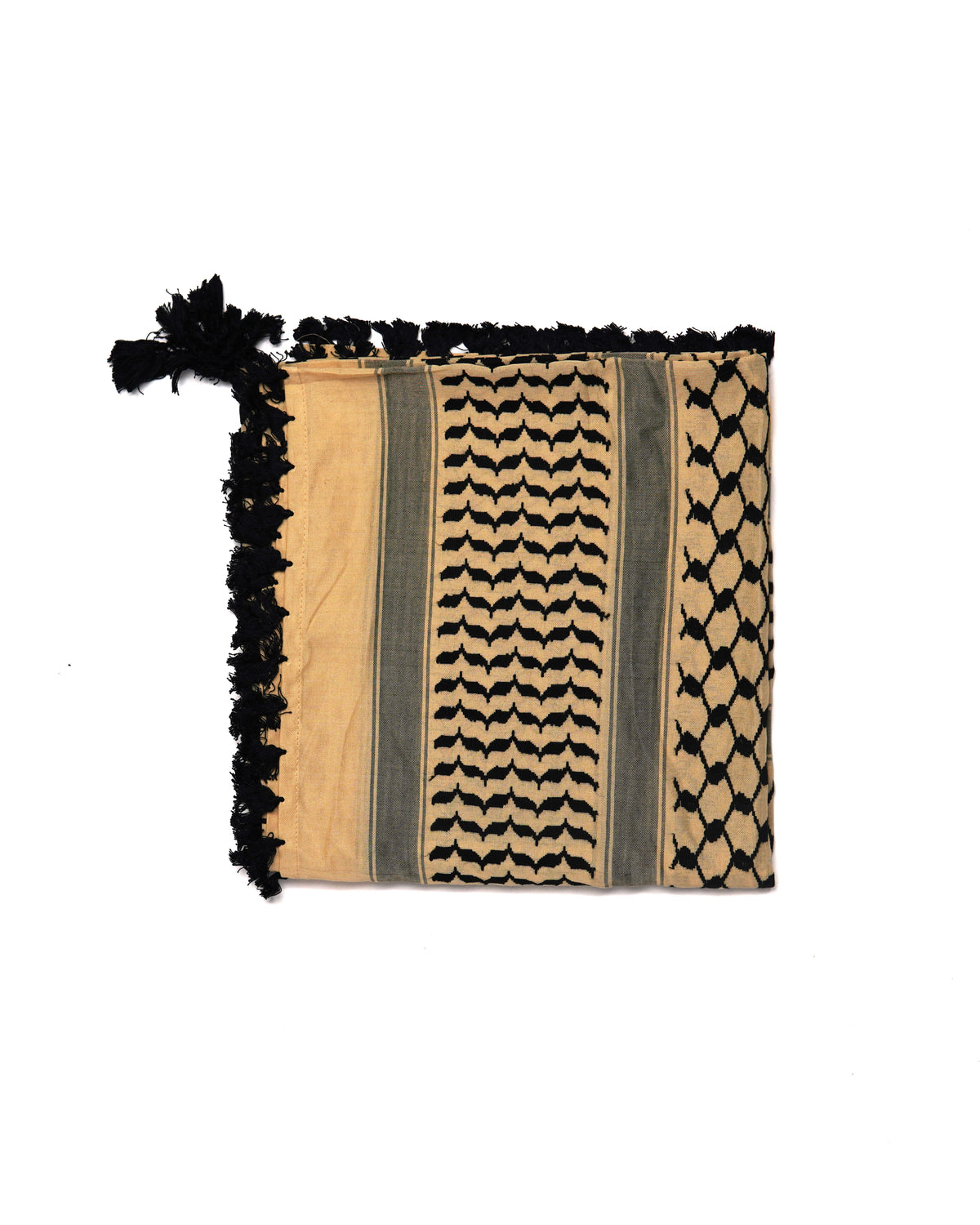 Yellow and Black Authentic keffiyeh (shemagh) available online, Toronto, near Toronto, Ontario. Traditional kaffiyeh (kufiya) design. Versatile keffiyeh scarf and arab head scarf. Also a stylish shemagh scarf. Learn how to wear a keffiyeh and about keffiyeh and shemagh