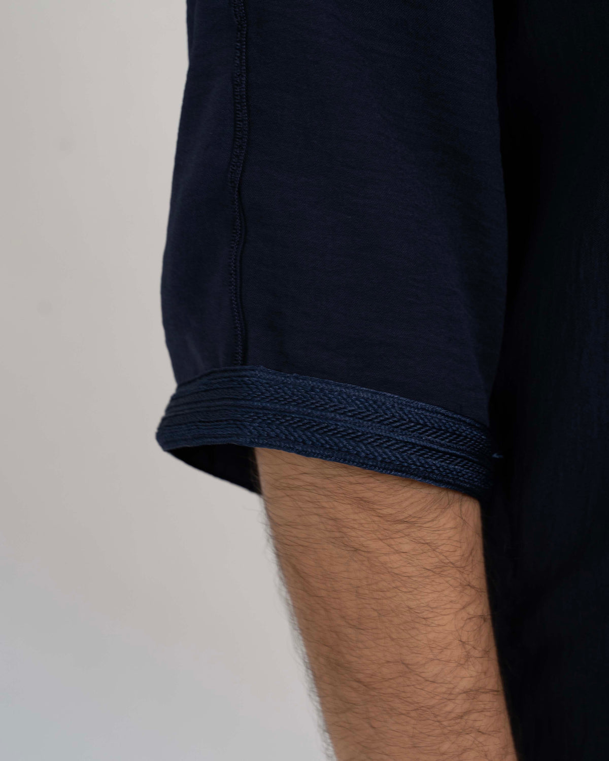 Navy Blue Moroccan Thobe tonal embroidery fabric detail — Furqanwear Canada