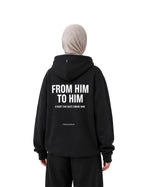 Woman in hijab showing the From Him To Him back print on a black Furqanwear Islamic hoodie