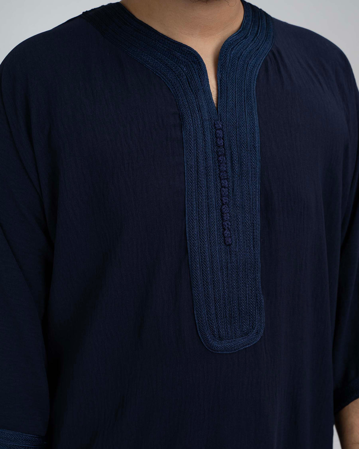 Navy Blue Moroccan Thobe tonal embroidery full chest detail — Furqanwear Canada