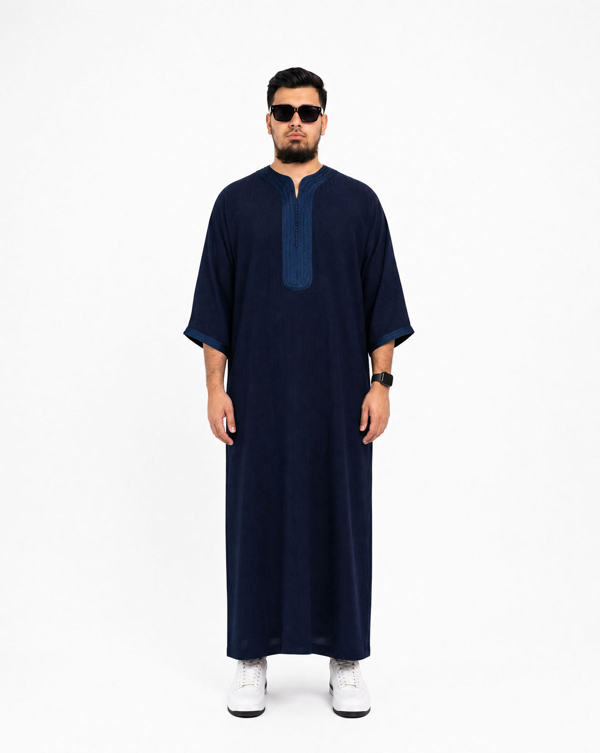 Navy Blue Moroccan Thobe by Furqanwear, front view with tonal sfifa embroidery — Canada