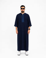 Navy Blue Moroccan Thobe by Furqanwear, front view with tonal sfifa embroidery — Canada