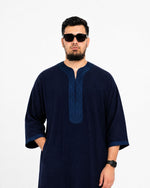 Navy Blue Moroccan Thobe tonal embroidery chest detail — Furqanwear Canada