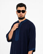 Men's Navy Blue Moroccan Thobe half-sleeve side profile — Furqanwear Toronto