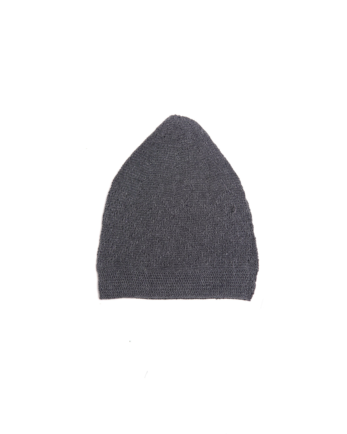 Grey knit kufi hat for men, a traditional muslim prayer cap, shown flat against a white background