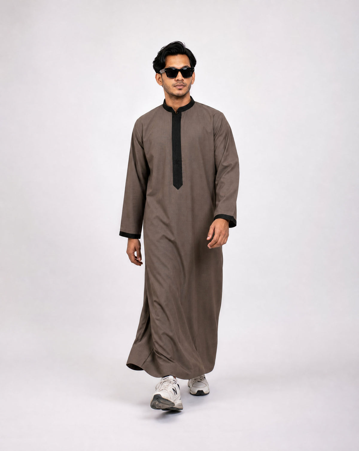 Muslim man wearing olive Royal Thobe – full-length front view