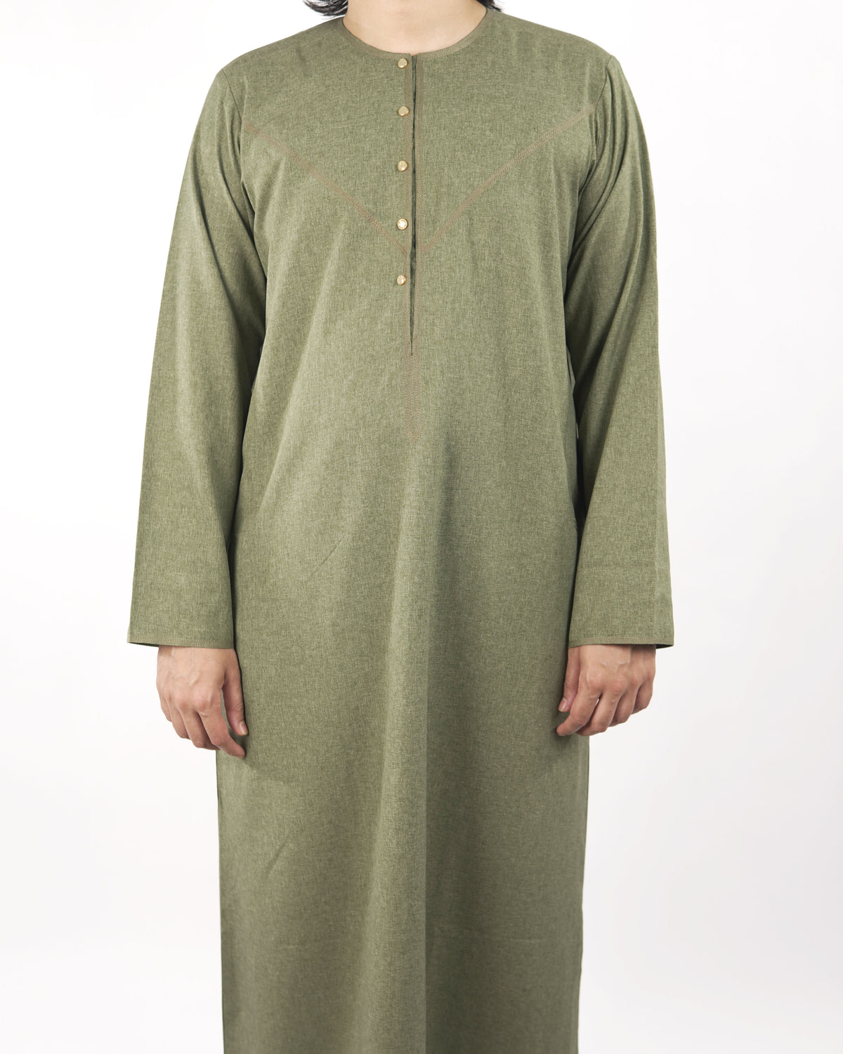 Detailed close-up of the button placket and collar on a sea green classic thobe, illustrating the quality of this muslim dress for men.