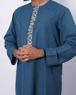Sea Blue Emirati Thobe Embroidered – Half View Detail