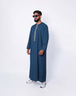 Sea Blue Emirati Thobe Embroidered – Full Length Side Profile
