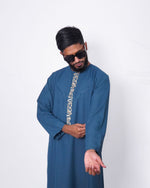 Sea Blue Emirati Thobe Embroidered – Half View Front
